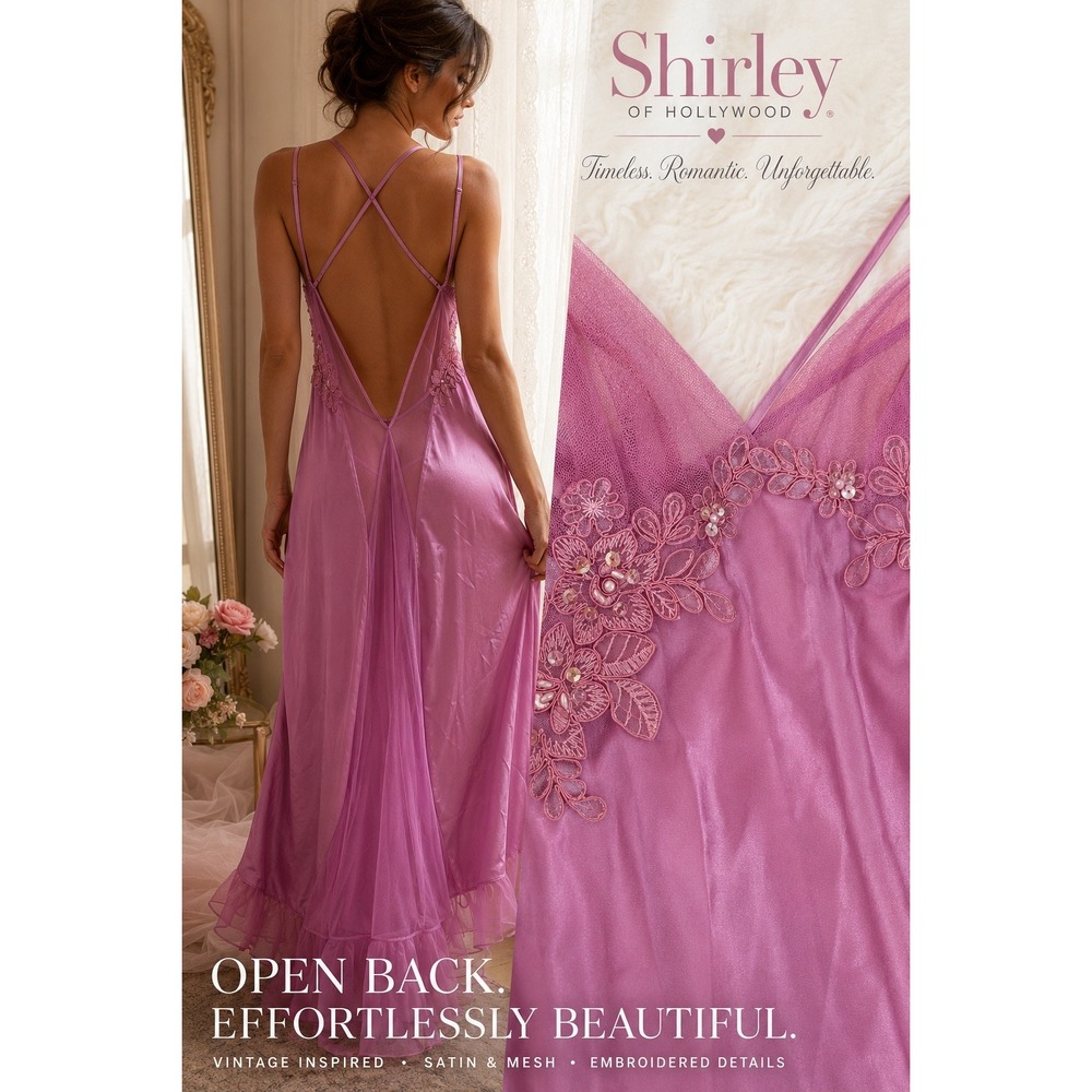 Shirley‎ of Hollywood L Orchid Pink Satin Nightgown Mesh Lace Beaded Maxi Slip